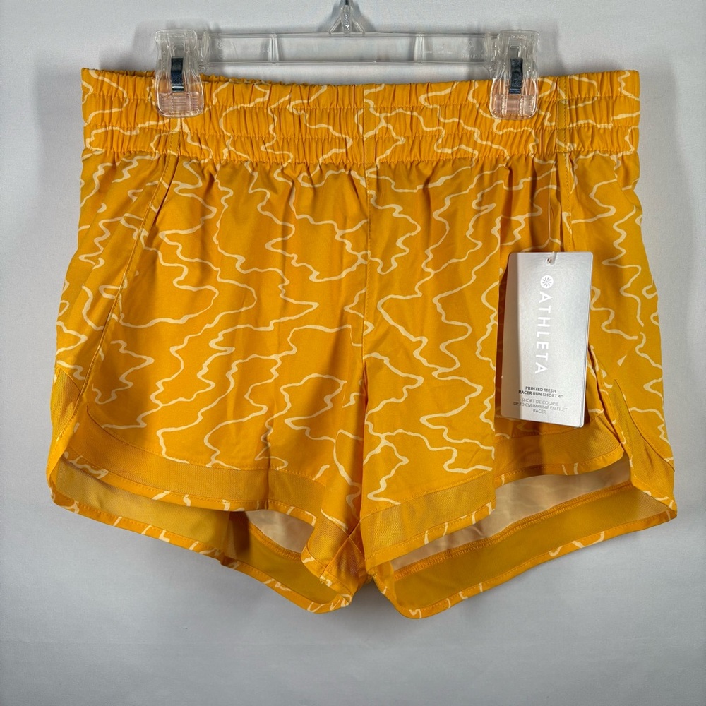 NWT Athleta Mesh Racer Run Athletic Short 4” in Fun Yellow Pattern. Small